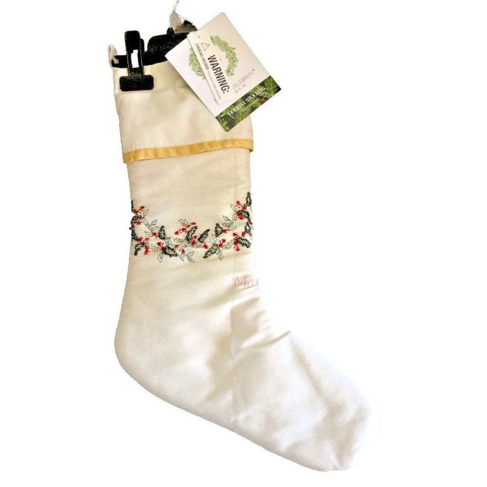Secret Celebrity Christmas Stocking Embroidered Beaded Holly Garland 19 Inches